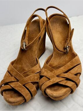 UGG Tan Suede Crisscross Wedge Sandals Size 8.5 with Ankle Strap